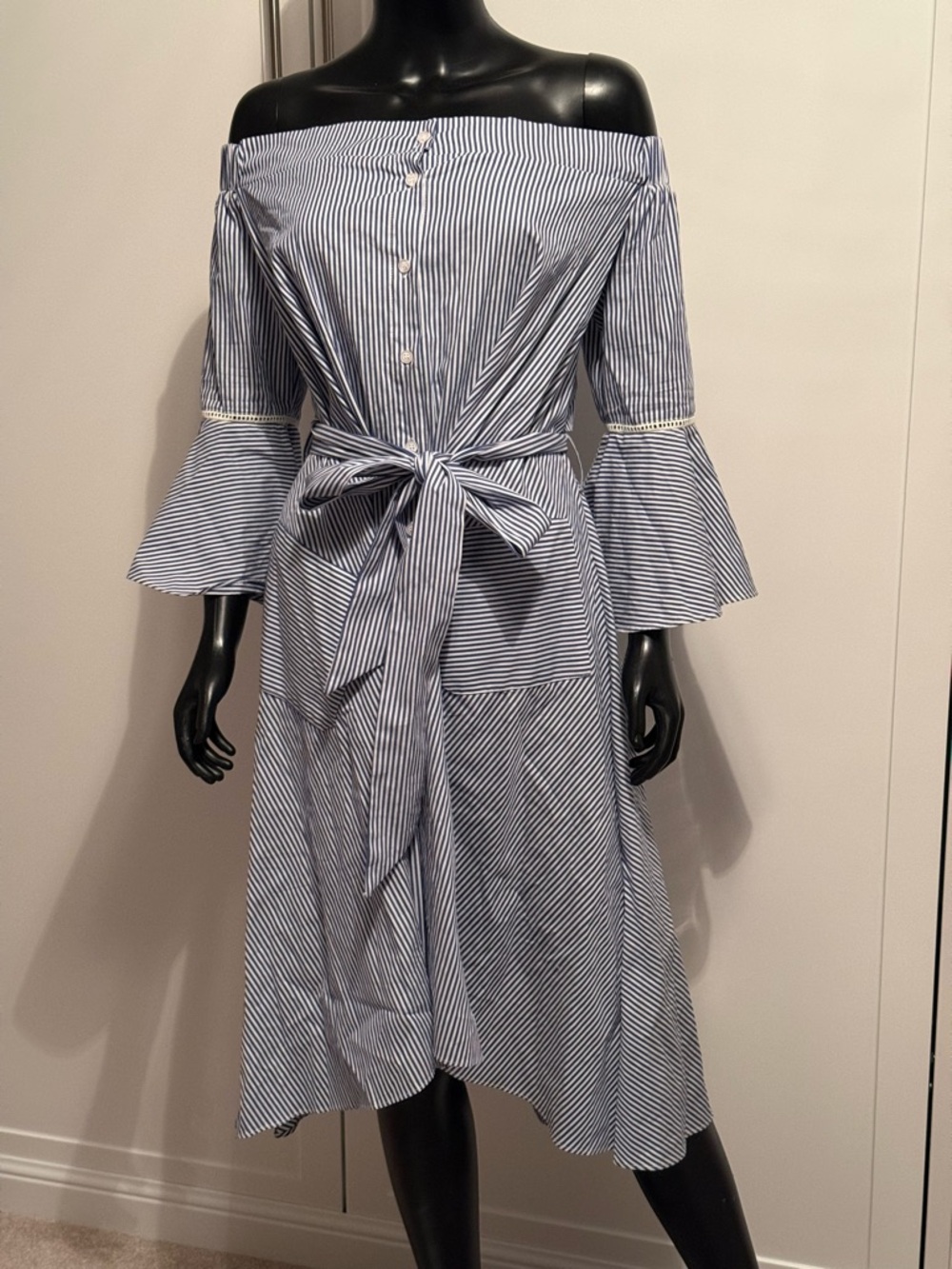 Gracia Blue and White Striped One-Shoulder Button Dress
